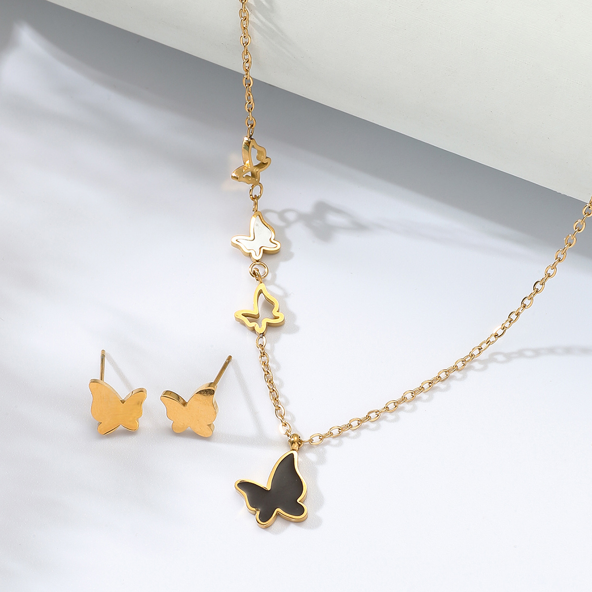 Mode Edelstahl Galvanik 18 Karat Gold klebrige Muschel Schmetterling Halskette Ohrringe Setpicture1