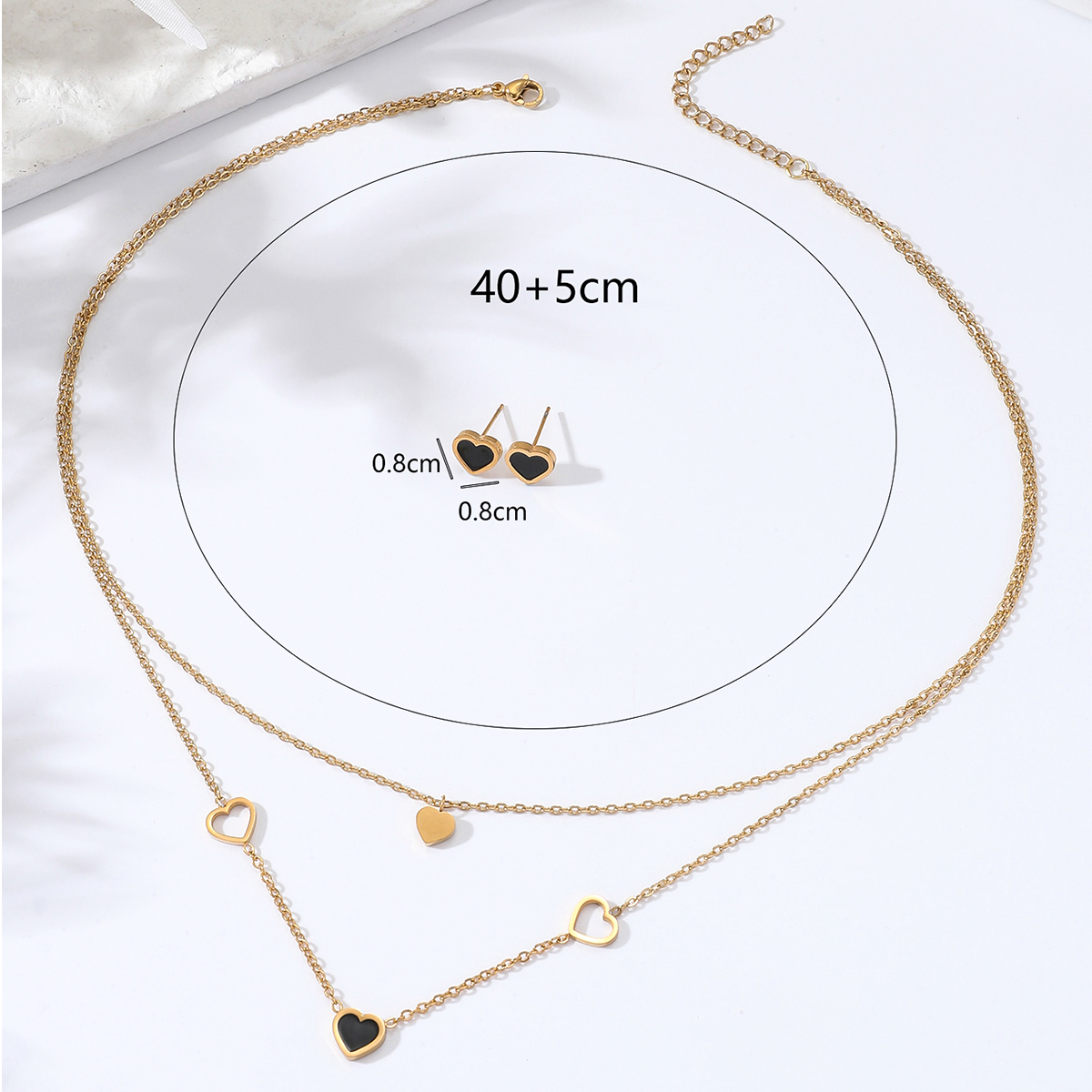 fashion stainless steel electroplating 18K gold heartshaped doublelayer necklace earrings setpicture4