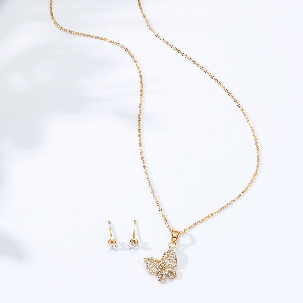 Stainless steel inlaid zircon electroplating 18K gold butterfly necklace earrings setpicture2