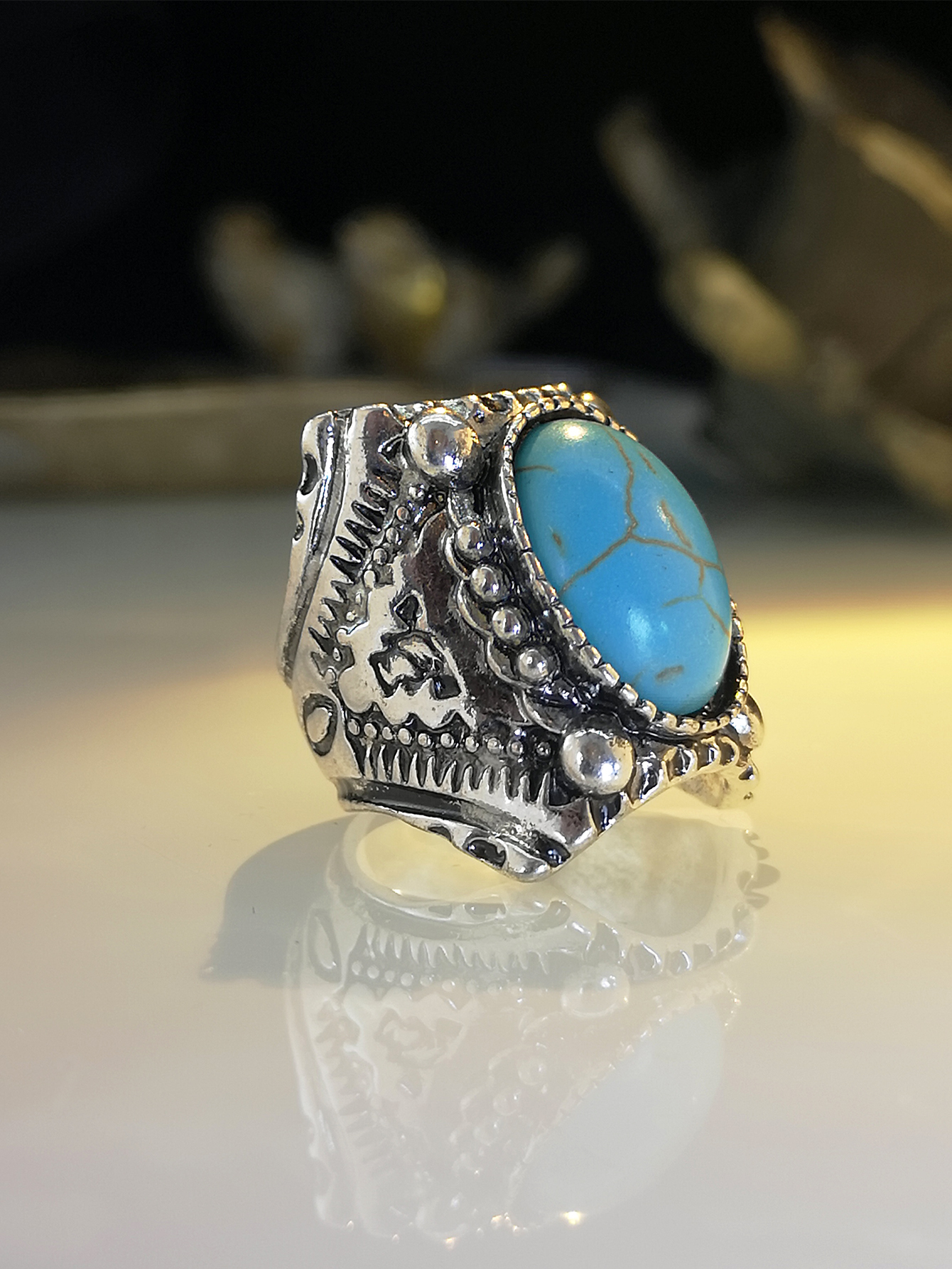 retro carved flower turquoise ring new alloy exaggerated ring