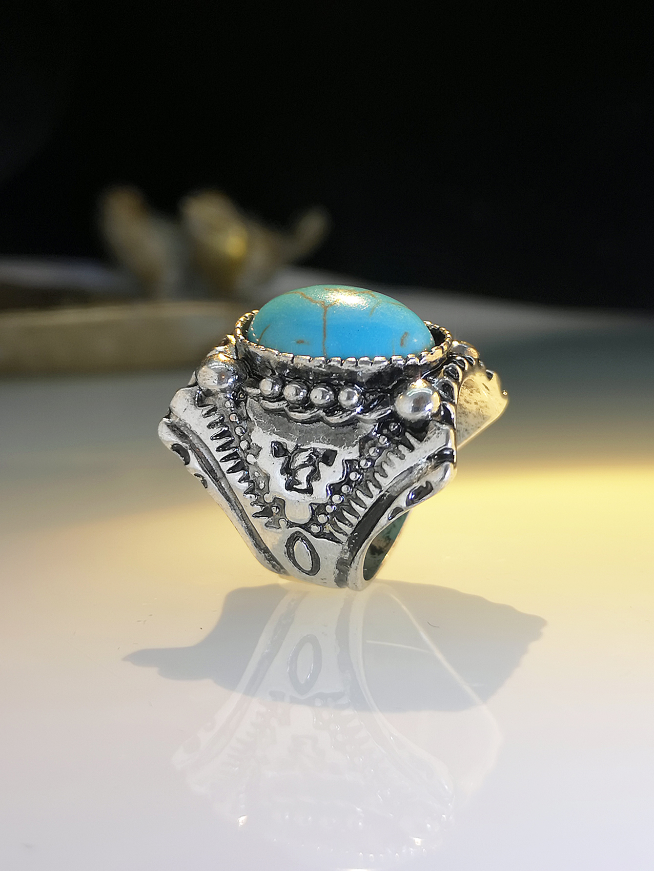 retro carved flower turquoise ring new alloy exaggerated ring