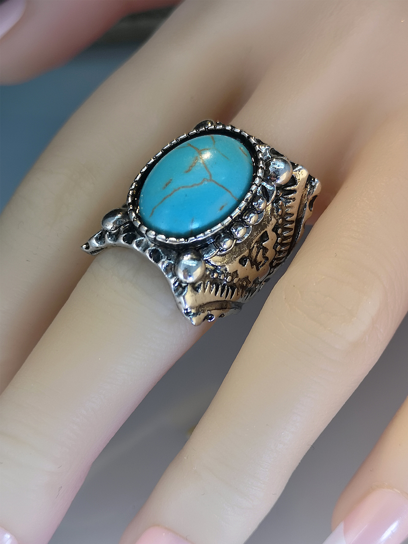 retro carved flower turquoise ring new alloy exaggerated ring