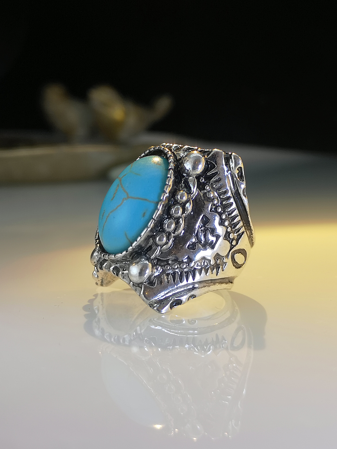 retro carved flower turquoise ring new alloy exaggerated ring