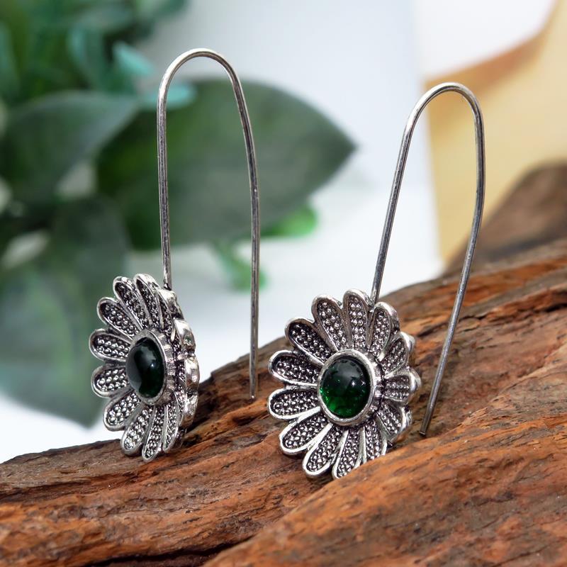 fashion ancient silver lotus emerald retro flower ear jewelrypicture3