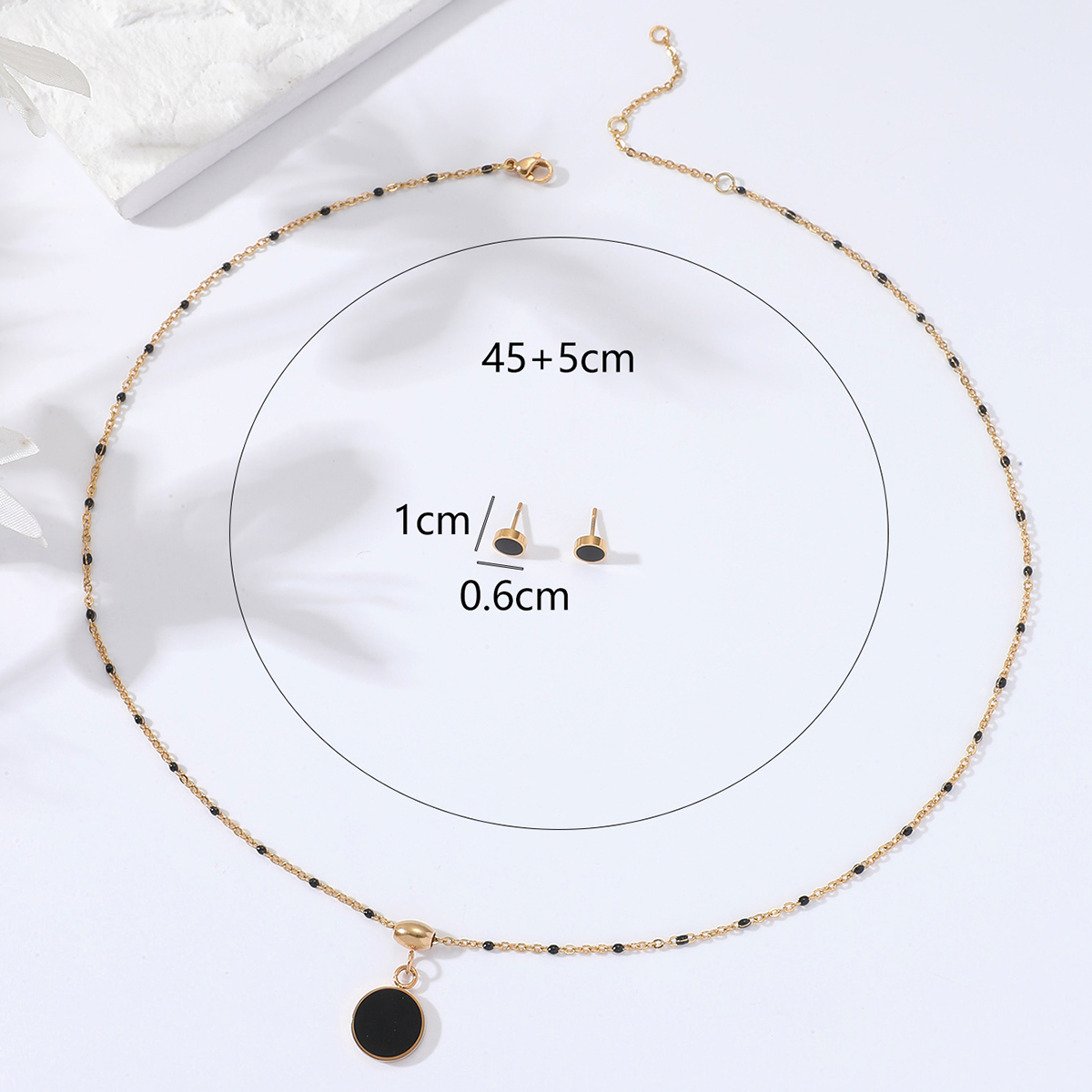 Fashion Stainless Steel 18K Gold Plated Black Enamel Round Necklace Earrings Setpicture4