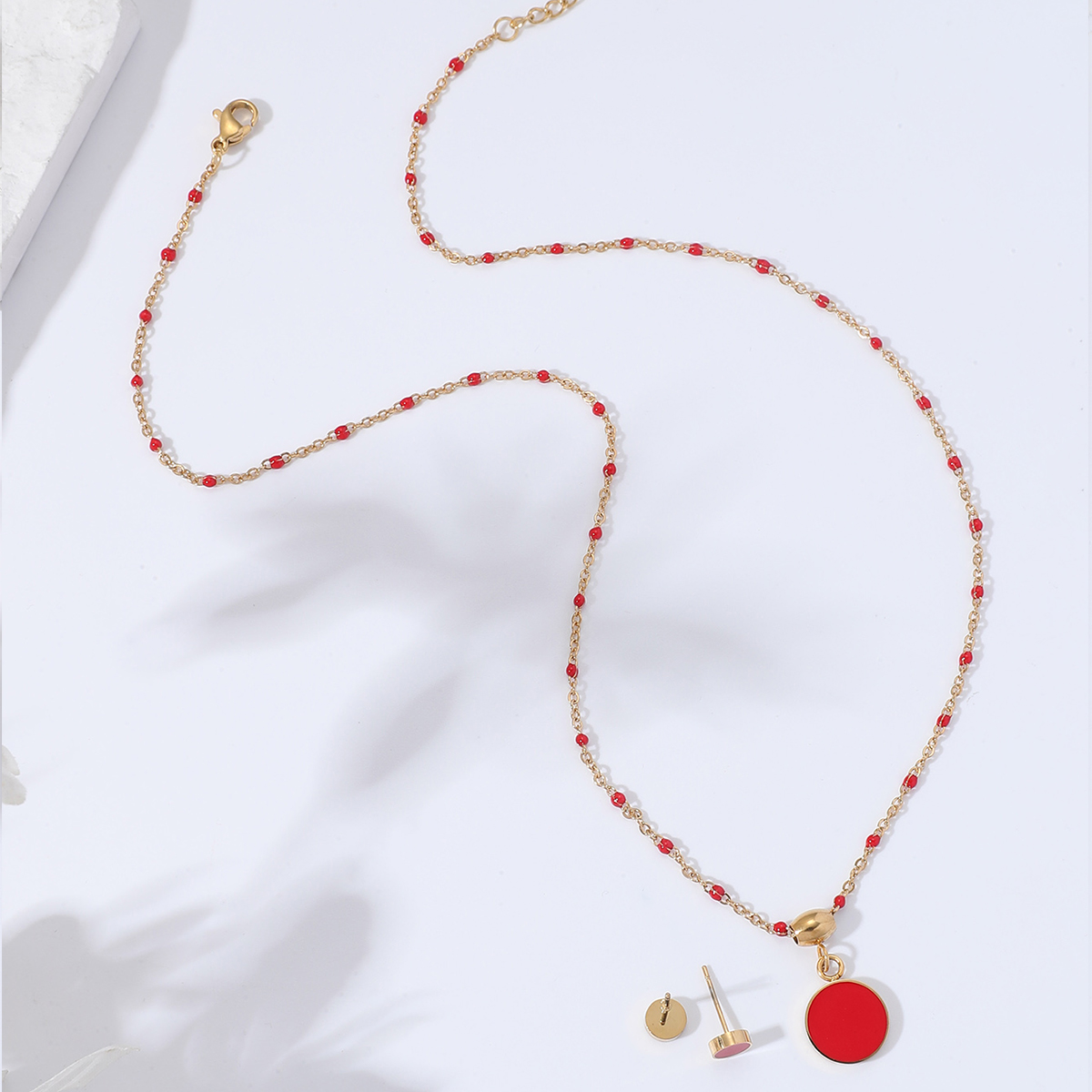 Simple Stainless Steel 18K Gold Plated Red Enamel Round Necklace Earrings Setpicture2
