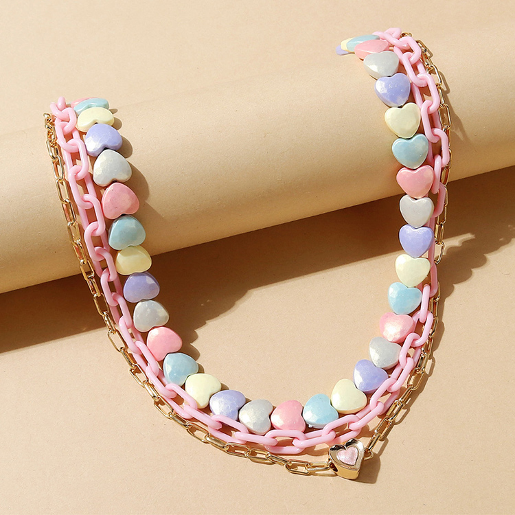 cute creative colorful peach heart geometric multi-layer necklace set