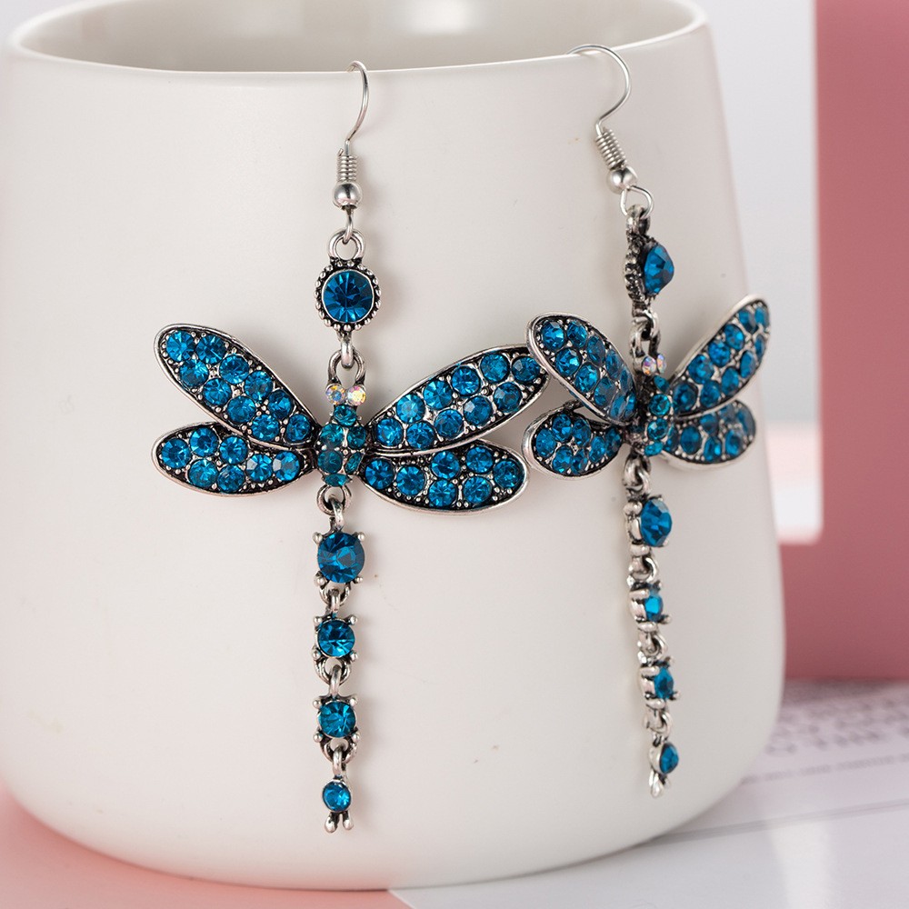 fashion copper rhinestone creative dragonfly retro exaggerated earrings