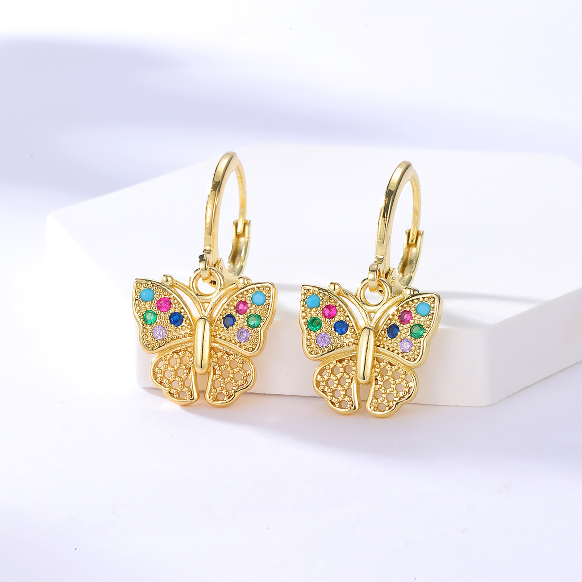 Fashion Copper 18K Gold Plated Colorful Zircon Butterfly Buckle Earringspicture1