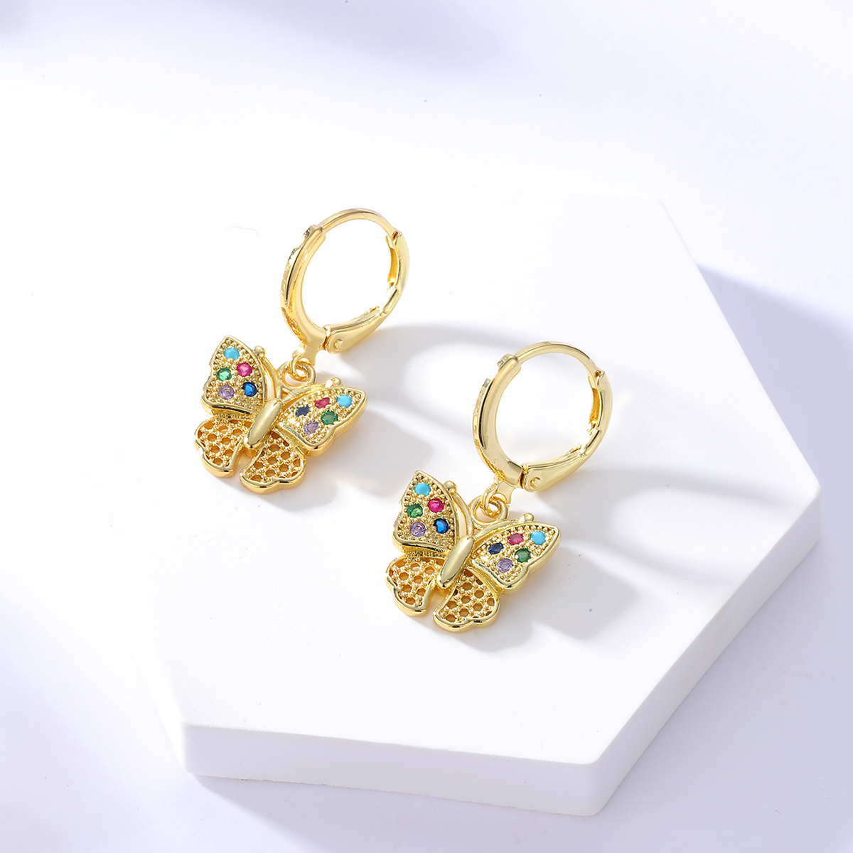 Fashion Copper 18K Gold Plated Colorful Zircon Butterfly Buckle Earringspicture2
