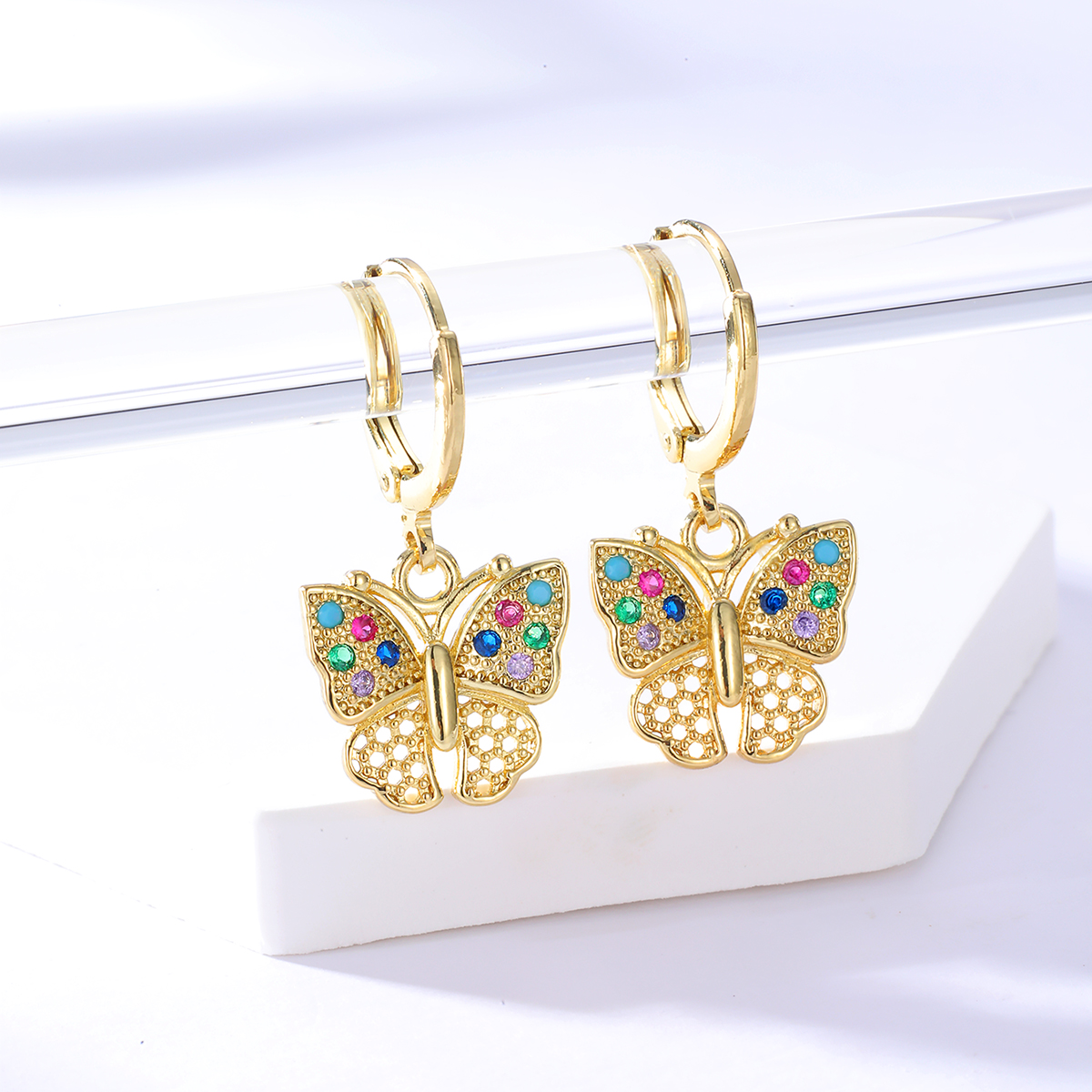 Fashion Copper 18K Gold Plated Colorful Zircon Butterfly Buckle Earringspicture3