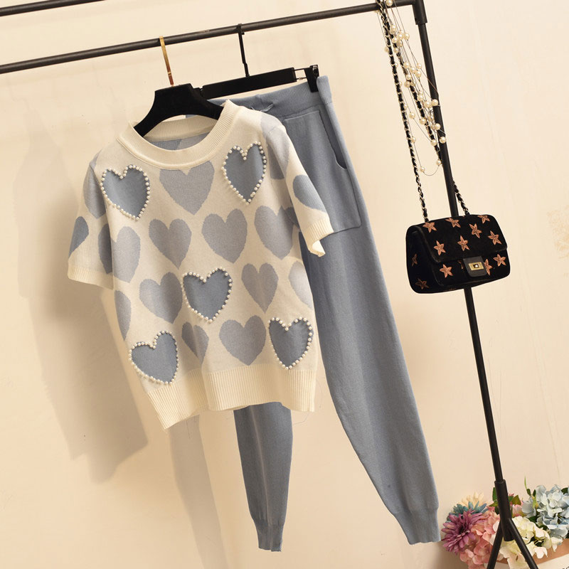 2022 nouveau motif de coeur tricot  manches courtes Tshirt pantalon ensemble deux picespicture2