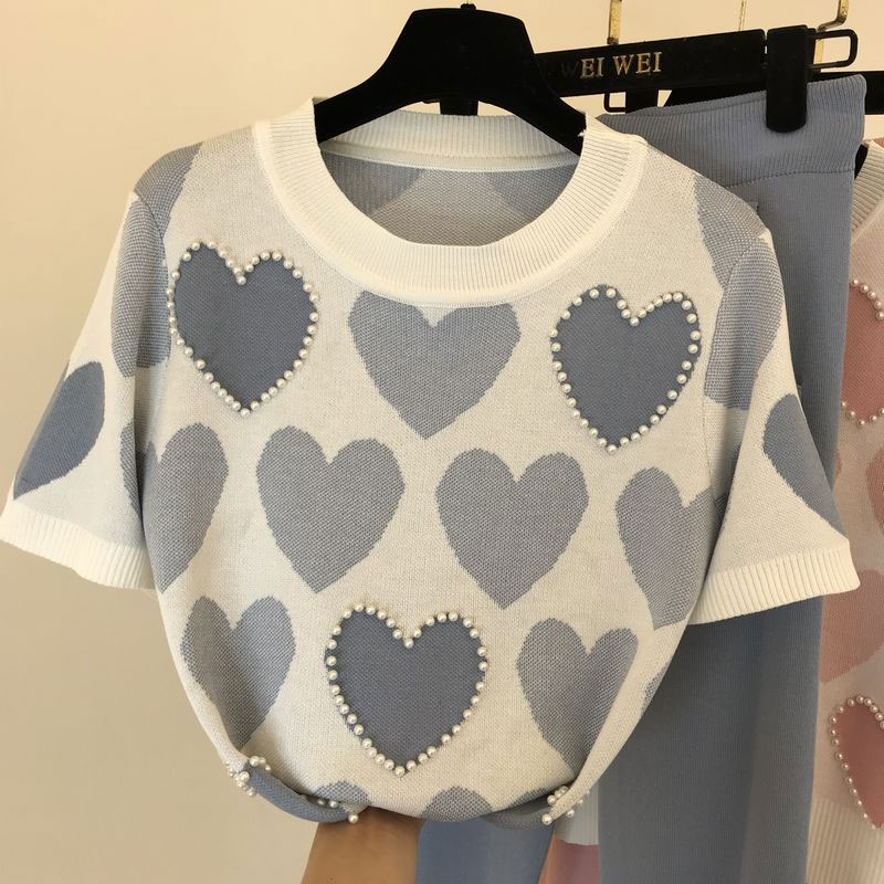 2022 nouveau motif de coeur tricot  manches courtes Tshirt pantalon ensemble deux picespicture4