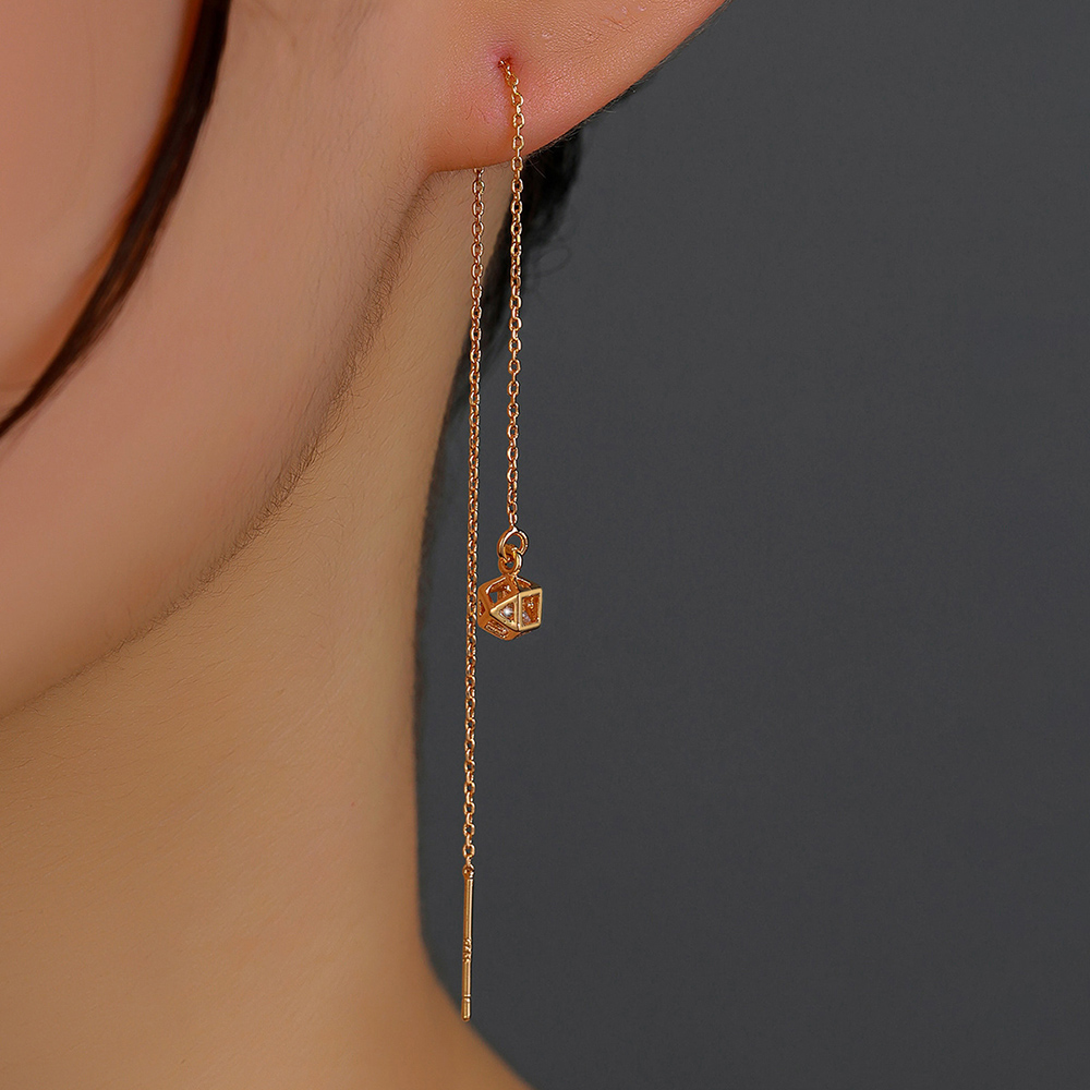 A pair of new hollow cage copper zircon pendant tassel pierced ear line earringspicture1