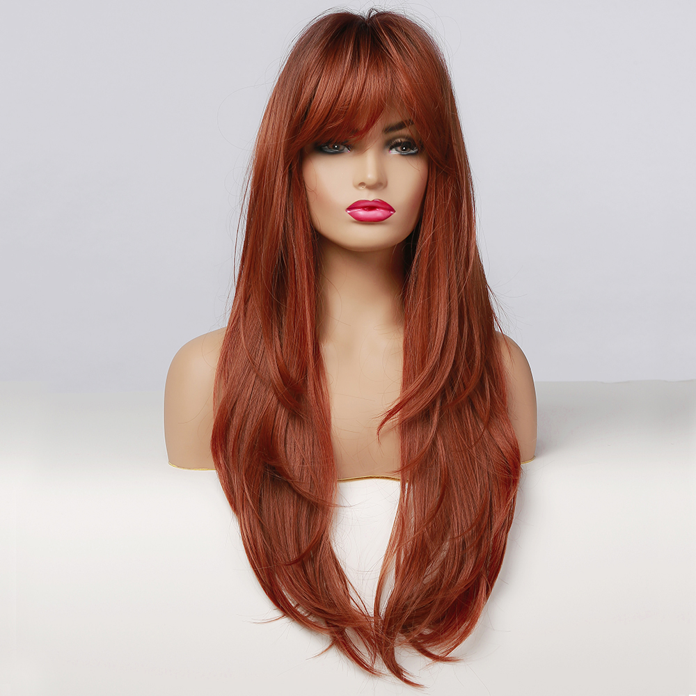 fashion chemical fiber models partial bangs Scottish gradient orange long wigspicture5