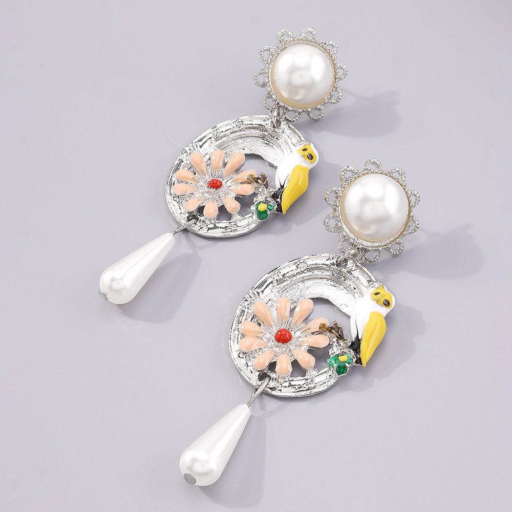 fashion geometric flower and bird imitation pearl alloy earringspicture3