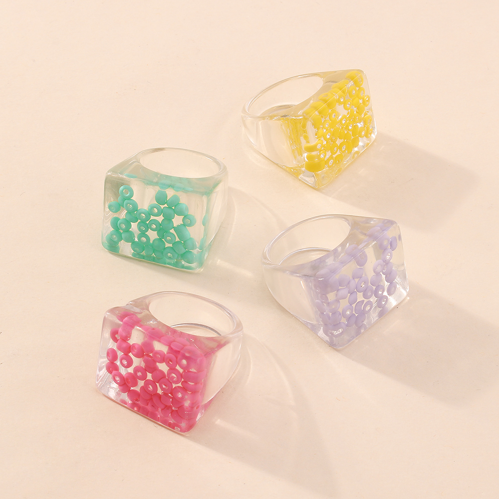 Fashion creative exaggerated transparent inlaid beads square geometric ring