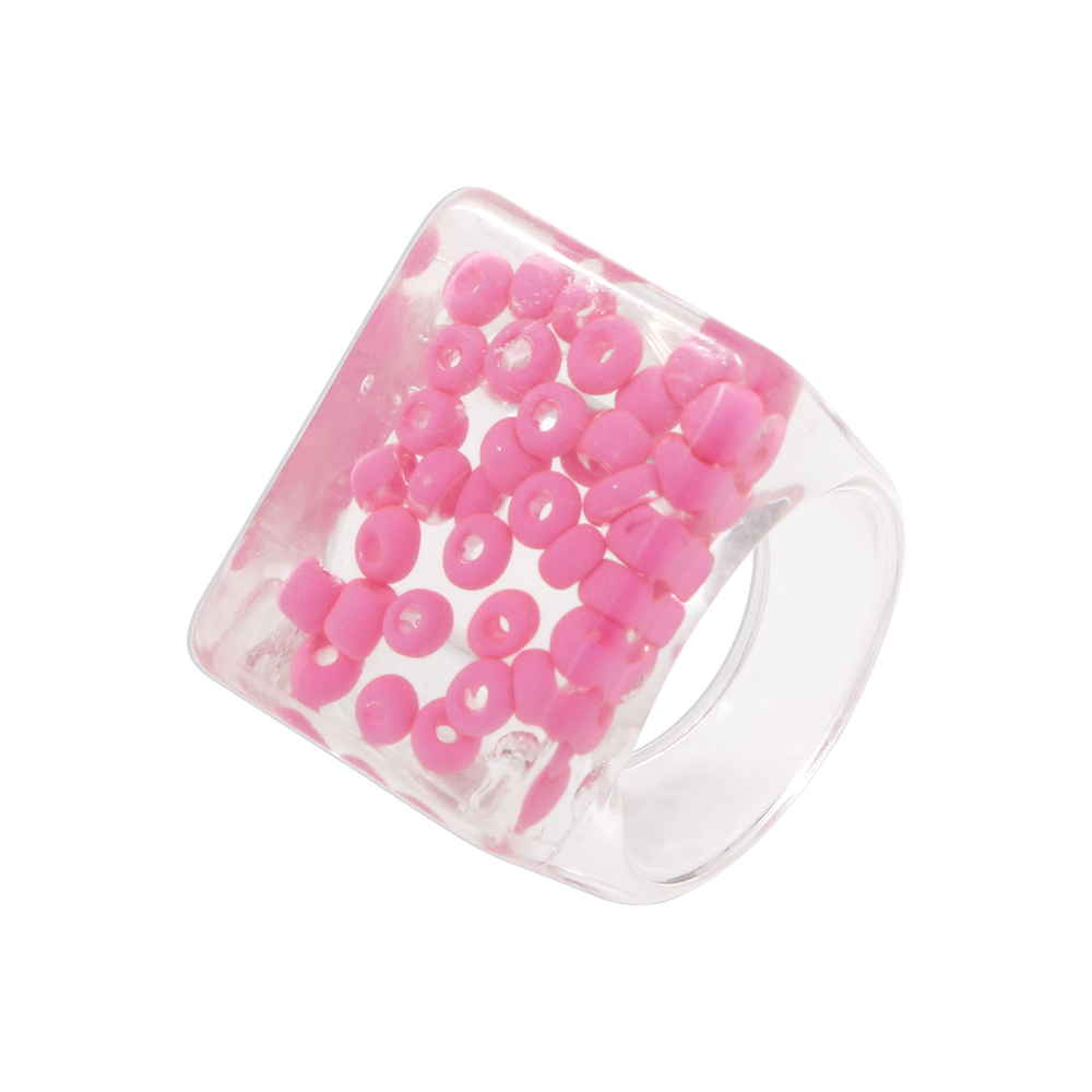 Fashion creative exaggerated transparent inlaid beads square geometric ring