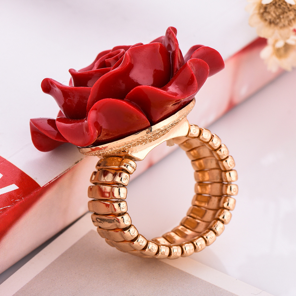 fashion red rose flower adjustable ring