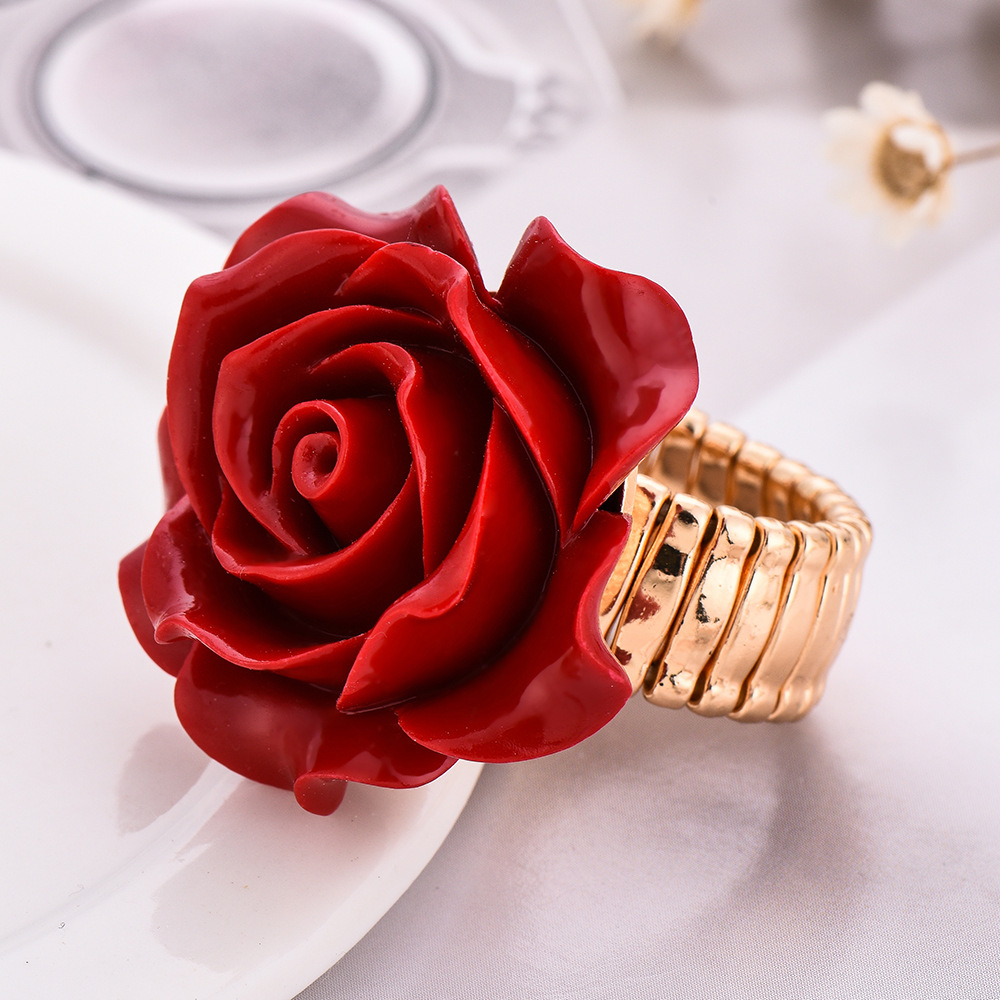 fashion red rose flower adjustable ring