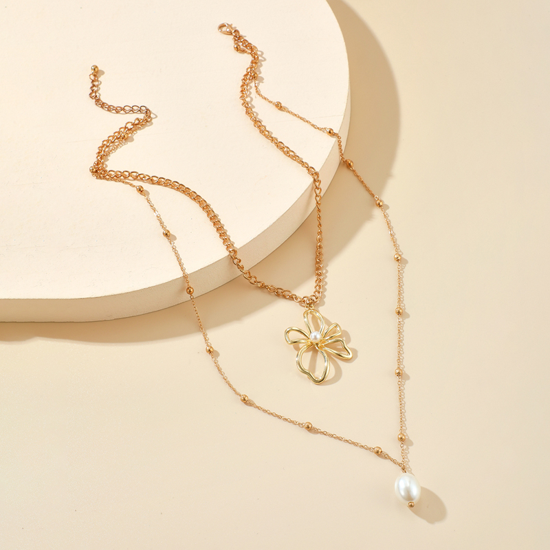 Korean hollow flower pearl alloy crown pendant necklace