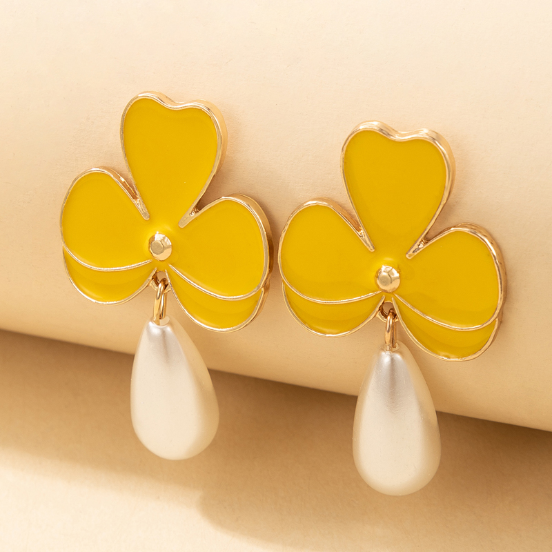 simple yellow oil drop flower pearl pendant earringspicture10