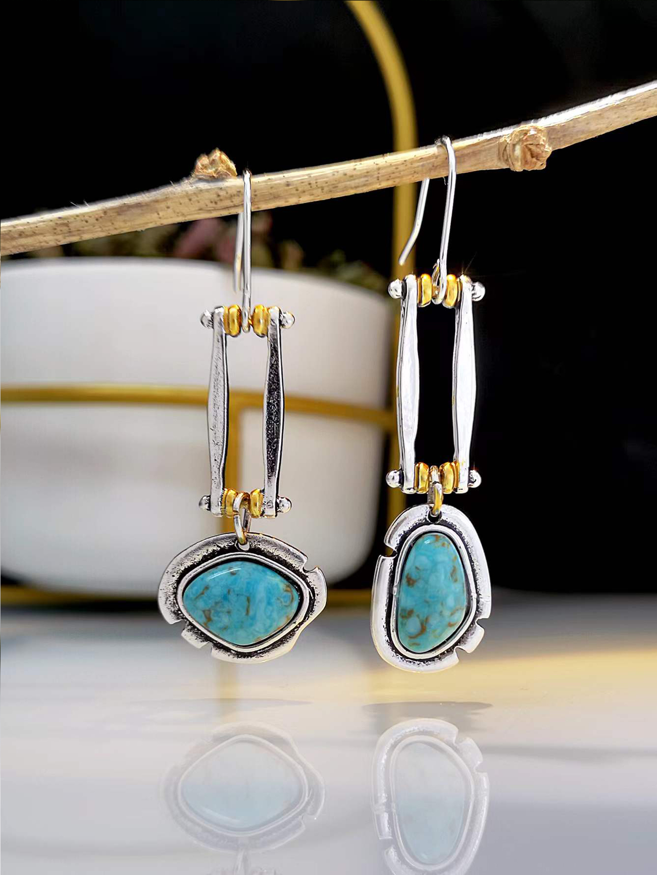 new creative retro turquoise fashion long swing asymmetric earringspicture2