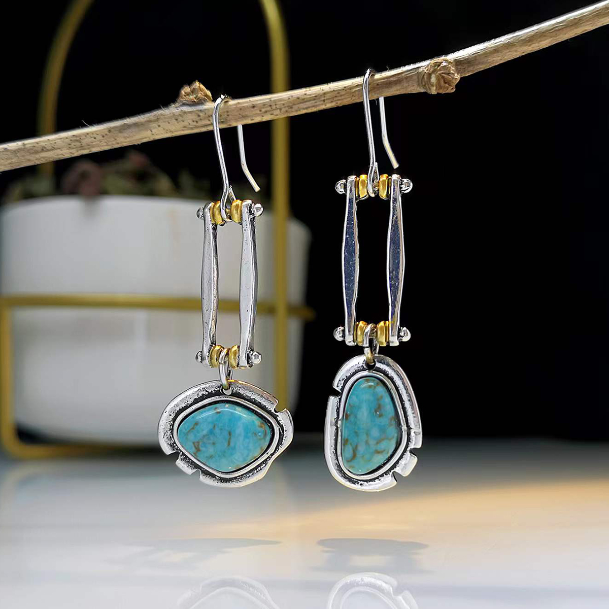 new creative retro turquoise fashion long swing asymmetric earringspicture3