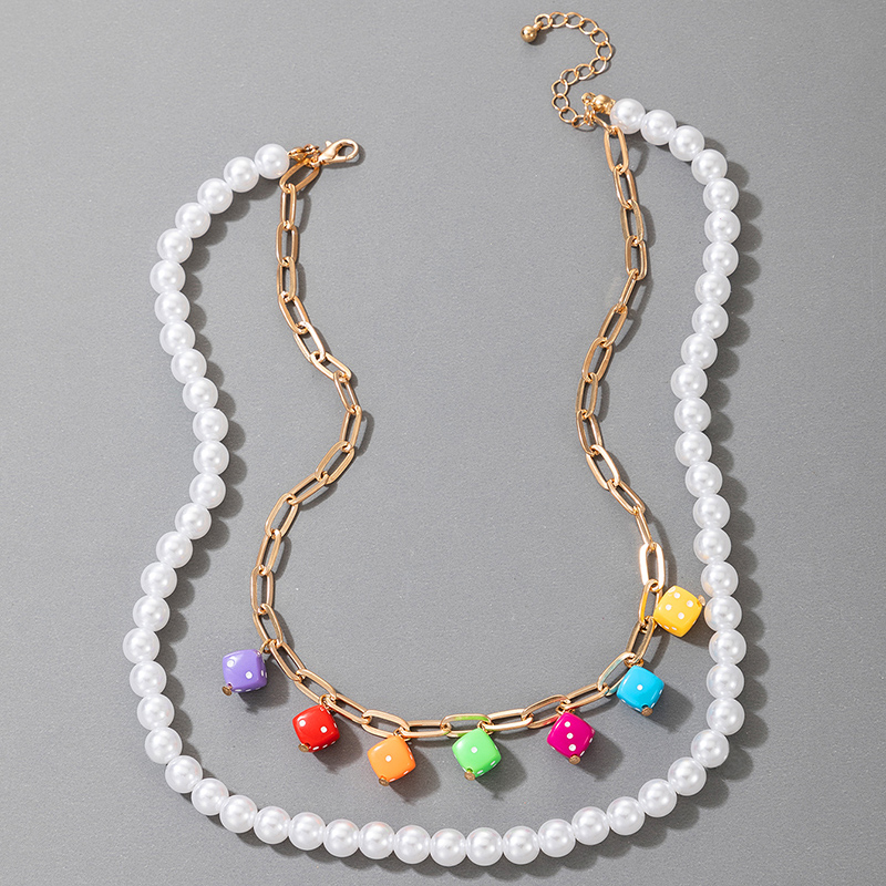 Boho Colorful Dice Pearl Disc Pendant Multi-layer Necklace