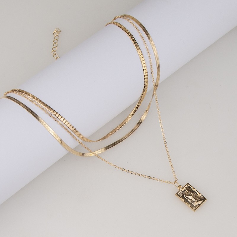 fashion square pendant snake bone chain multi-layer necklace