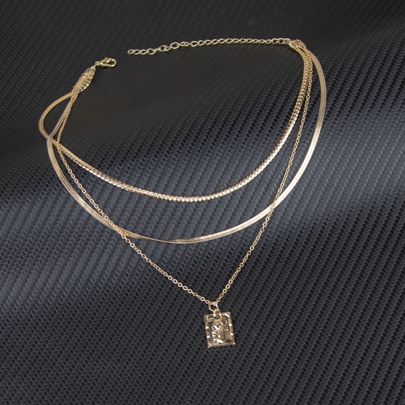 fashion square pendant snake bone chain multi-layer necklace