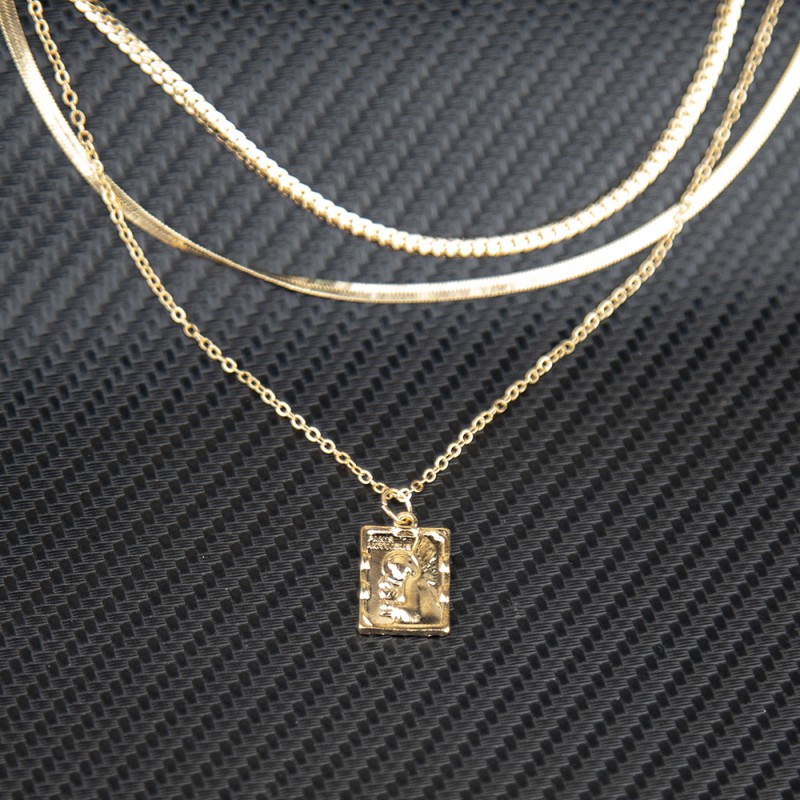 fashion square pendant snake bone chain multi-layer necklace