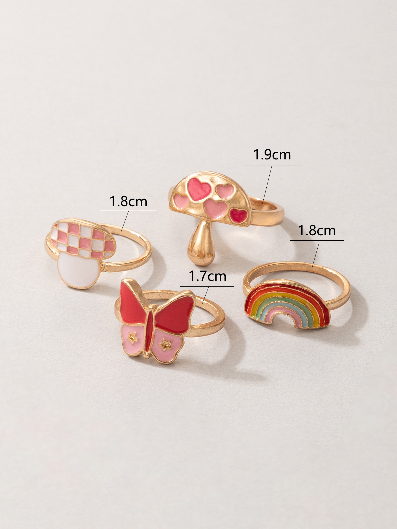 cute mushroom rainbow heart pink butterfly oil drop ring four-piece set