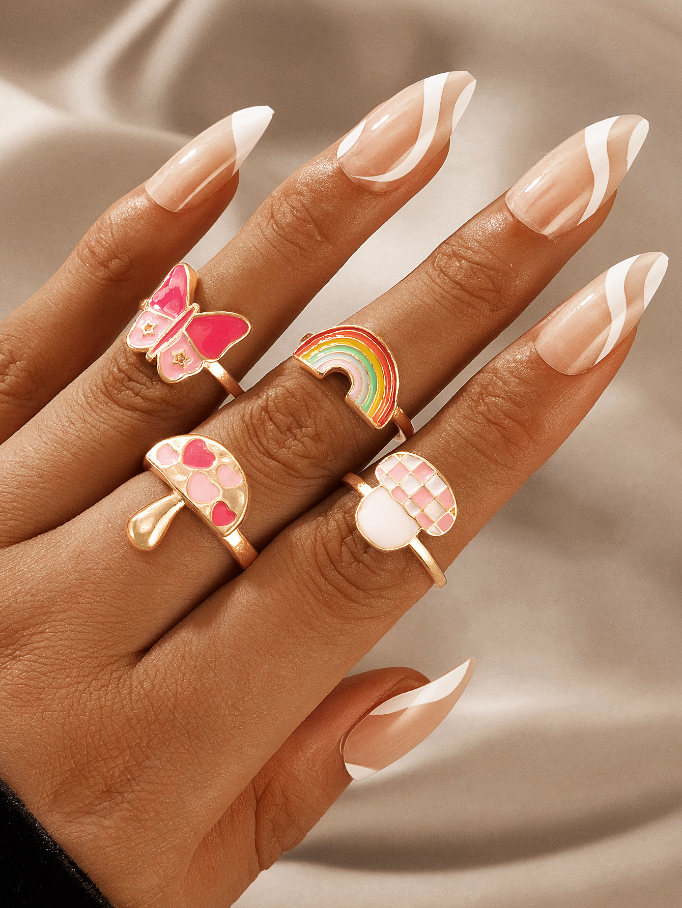 cute mushroom rainbow heart pink butterfly oil drop ring four-piece set