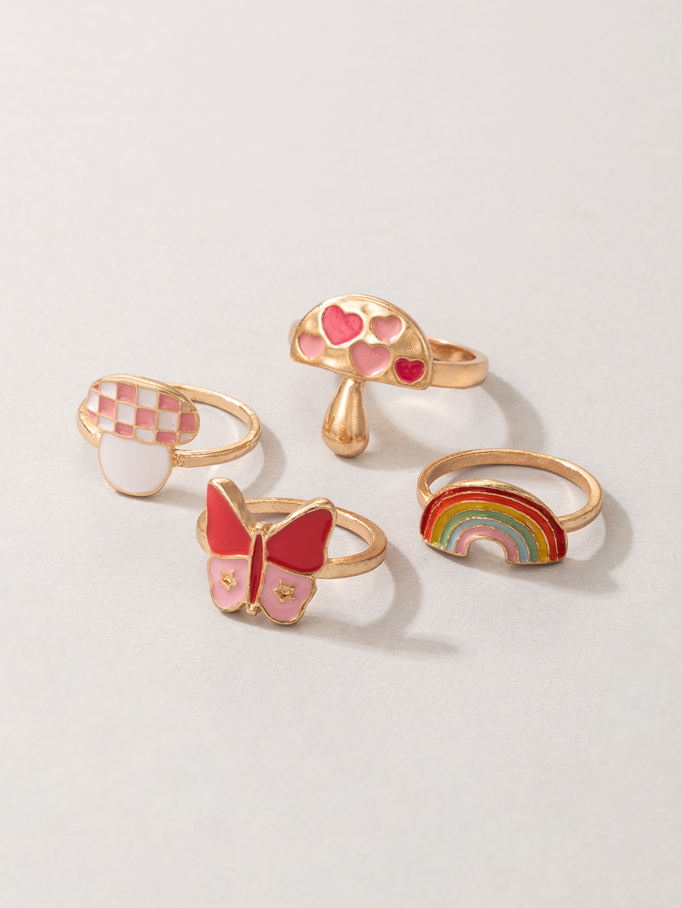 cute mushroom rainbow heart pink butterfly oil drop ring four-piece set