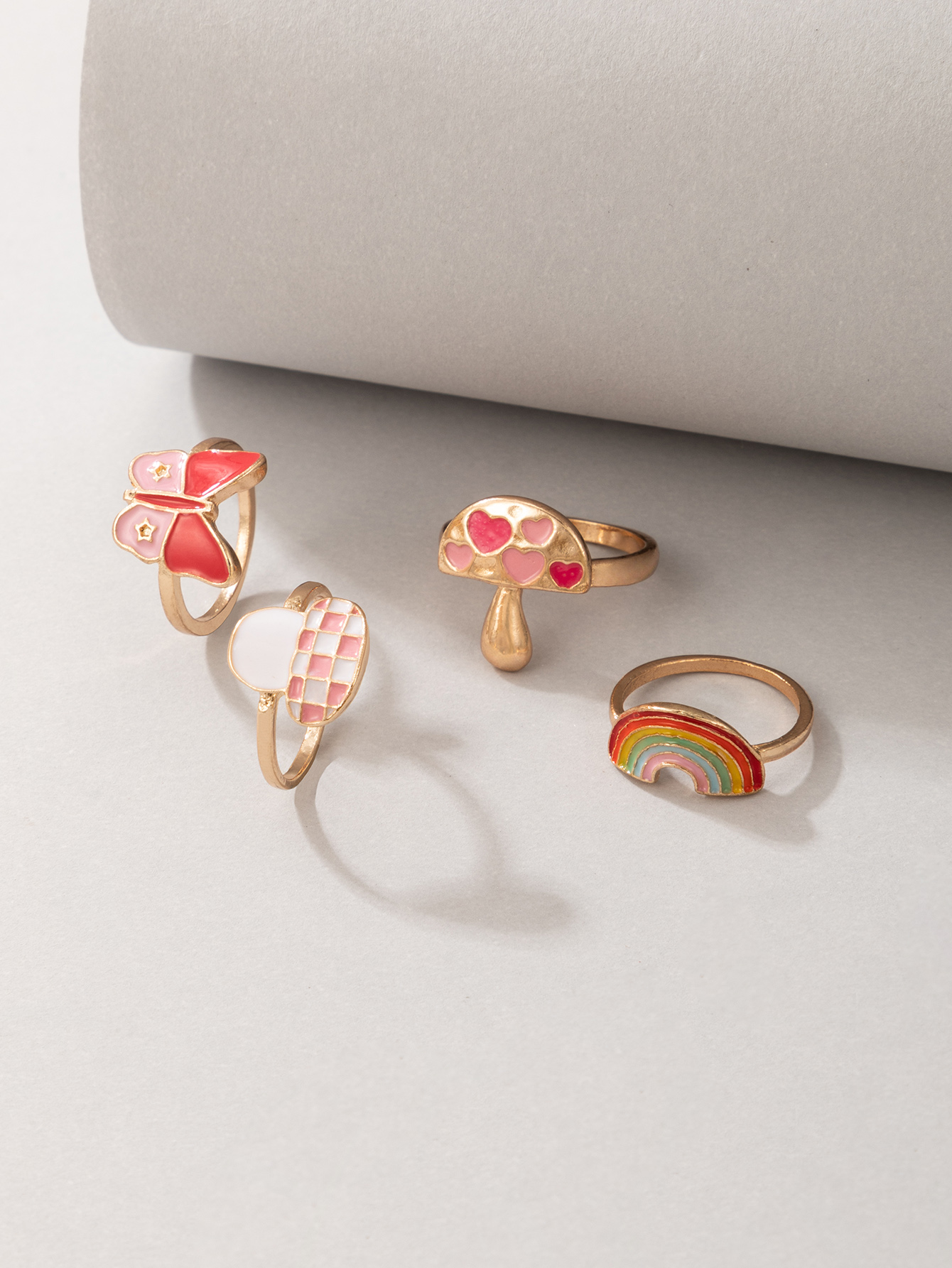 cute mushroom rainbow heart pink butterfly oil drop ring four-piece set