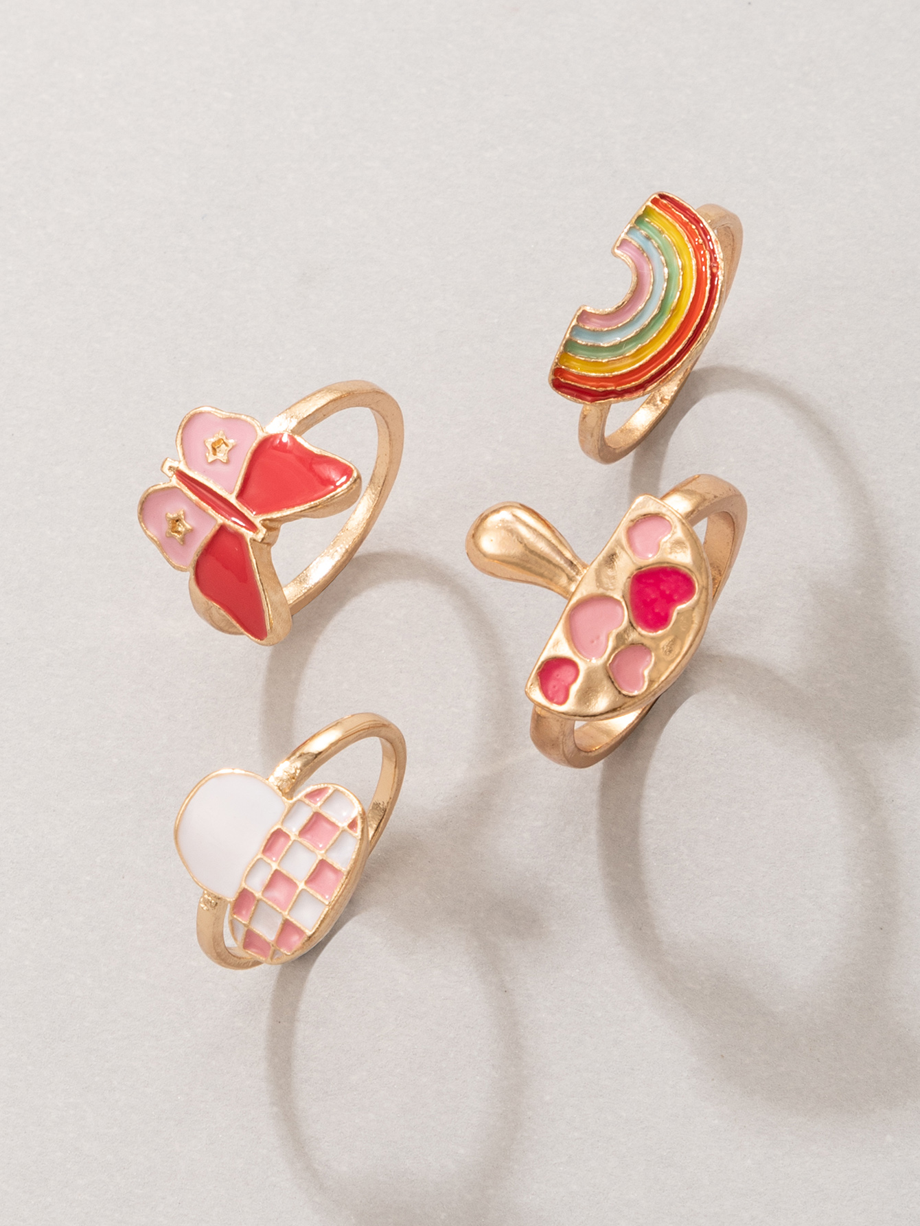 cute mushroom rainbow heart pink butterfly oil drop ring four-piece set