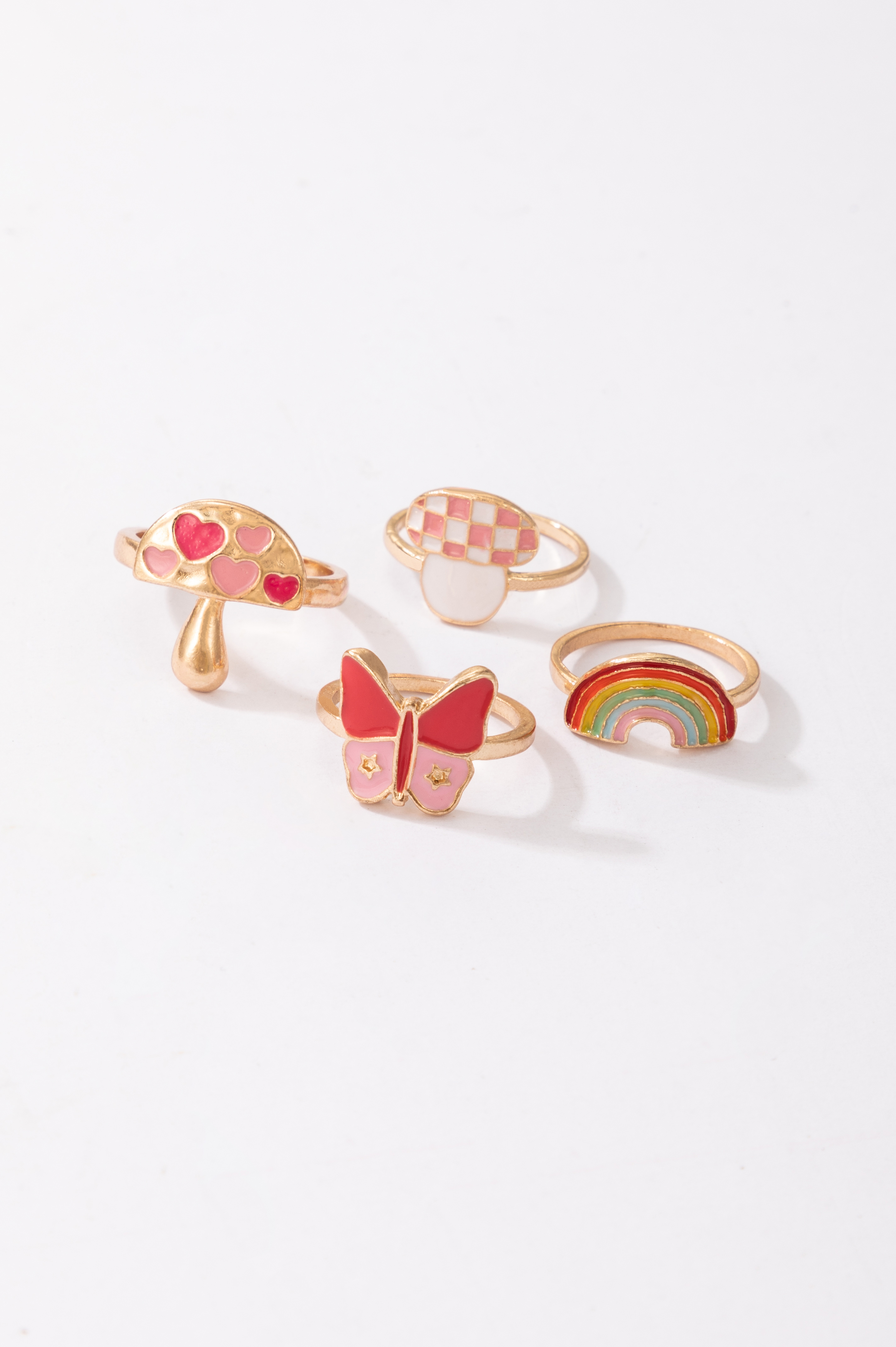 cute mushroom rainbow heart pink butterfly oil drop ring four-piece set