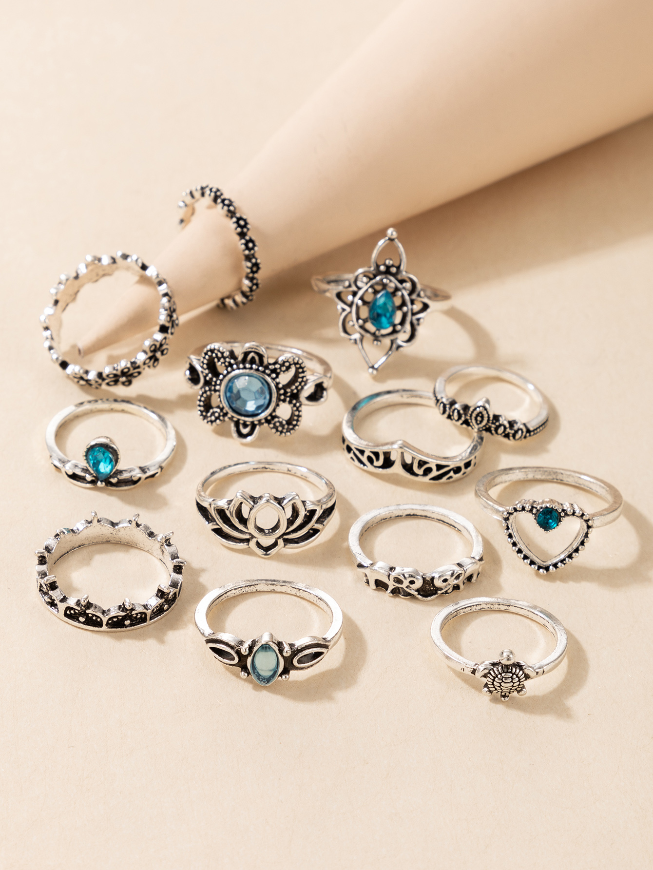 New retro animal hollow lotus crown diamond heart ring thirteen-piece set