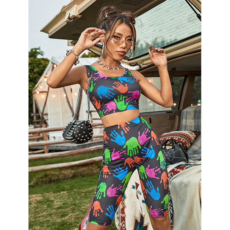 2022 spring and summer new printed round neck camisole twopiece suit womenpicture1