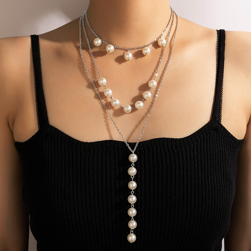 Fashion Pearl Drop Oil Pattern Checkerboard Geometric Clavicle Chain