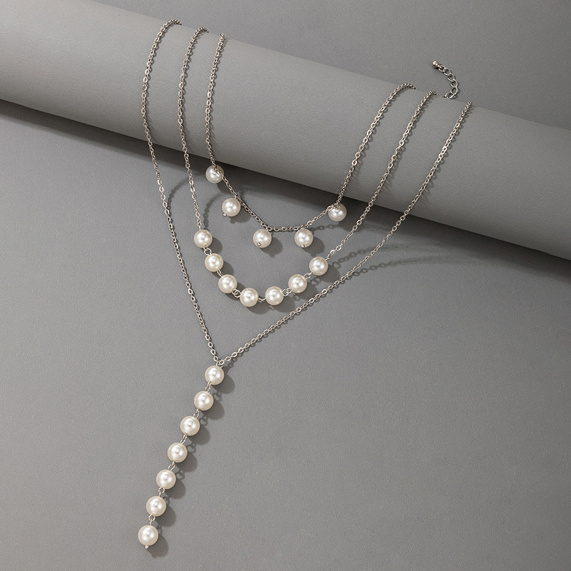 Fashion Pearl Drop Oil Pattern Checkerboard Geometric Clavicle Chain