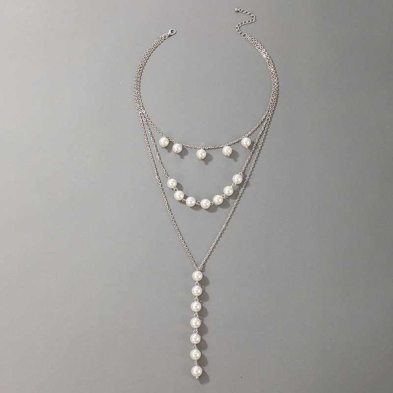 Fashion Pearl Drop Oil Pattern Checkerboard Geometric Clavicle Chain