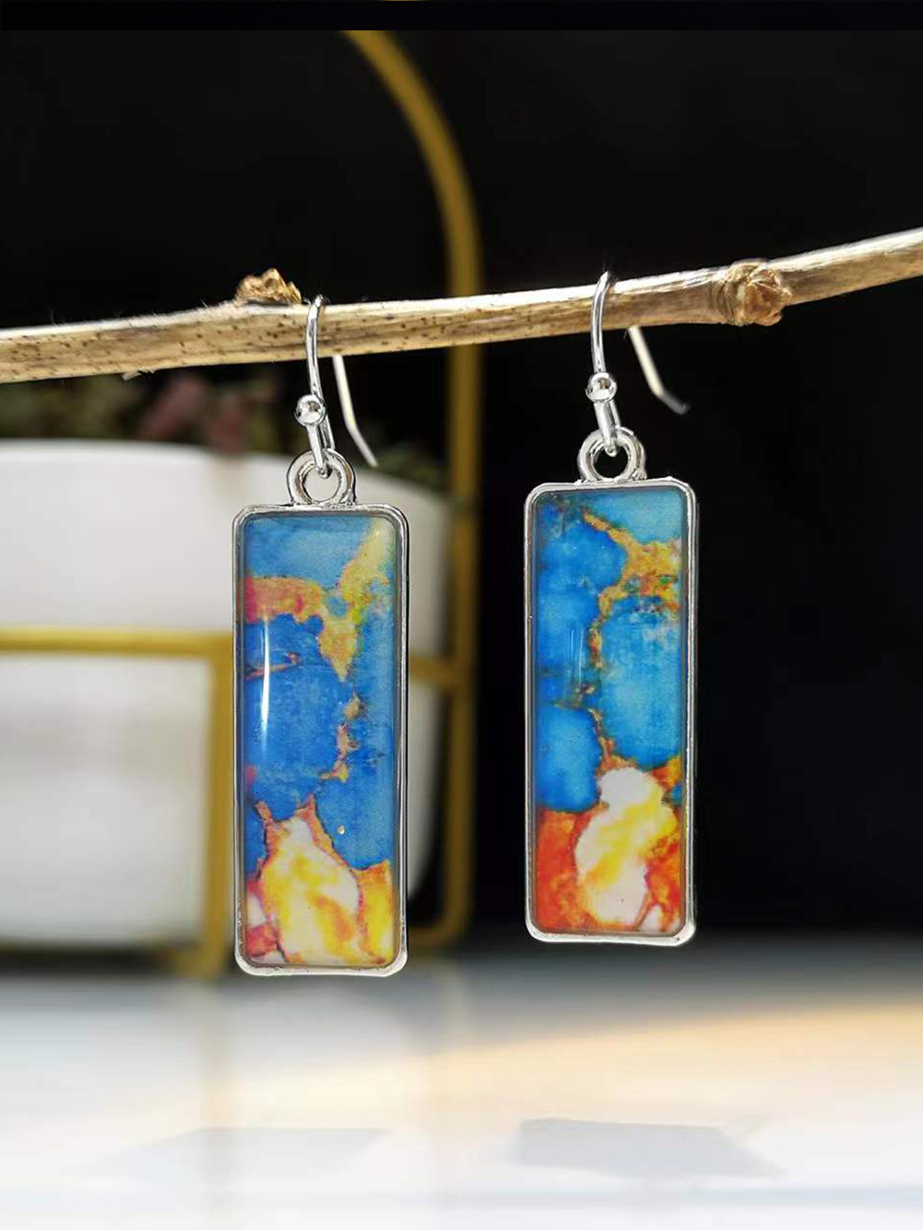 retro square colorful glass marble pattern earrings