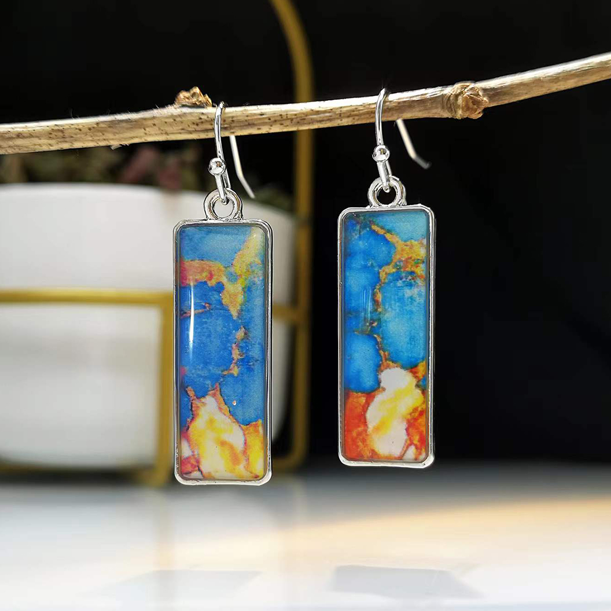 retro square colorful glass marble pattern earrings