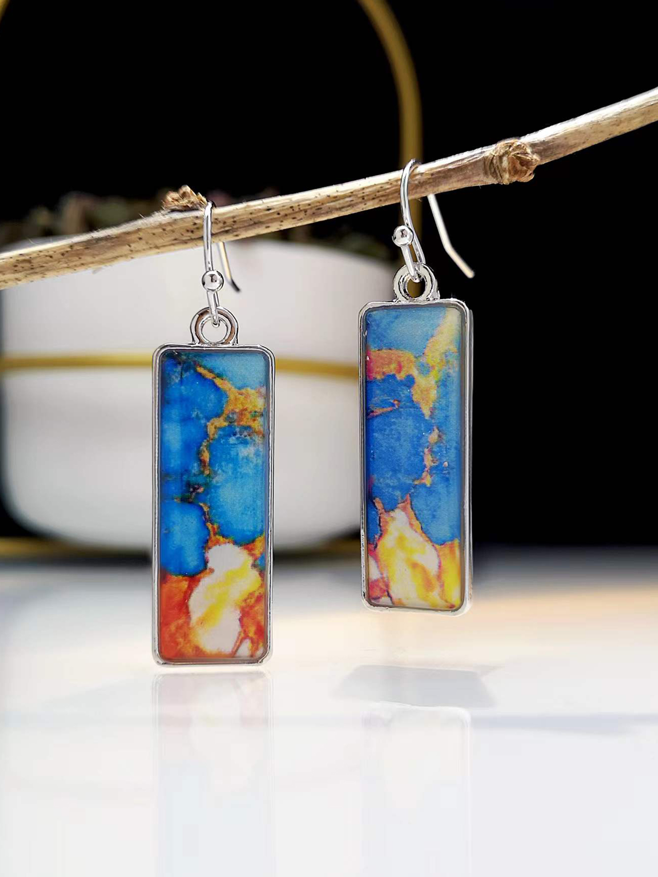 retro square colorful glass marble pattern earrings