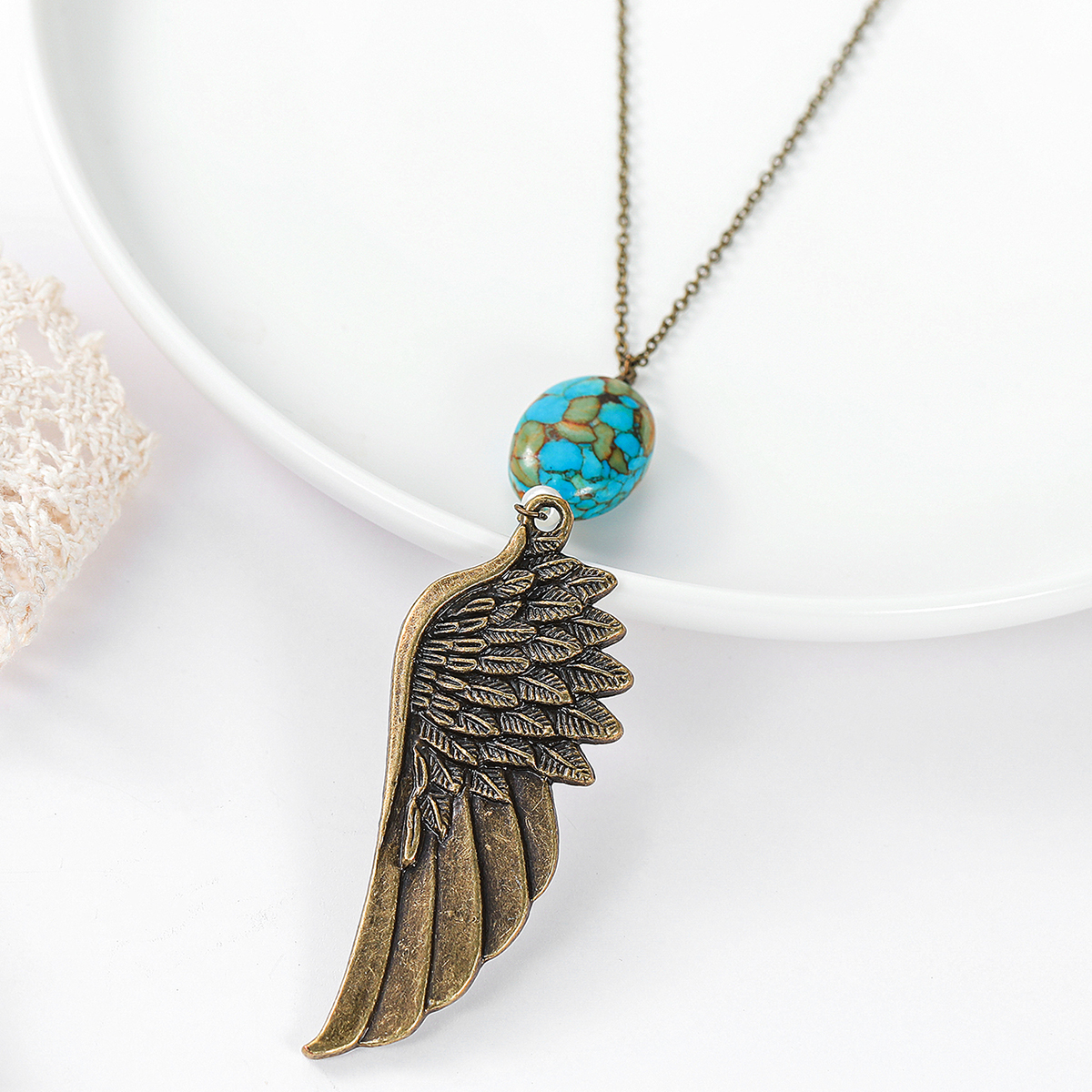 retro feathers carved eagle wings inlaid turquoise pendant necklacepicture2