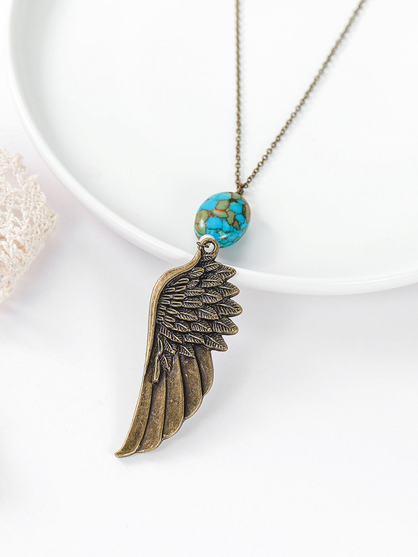 retro feathers carved eagle wings inlaid turquoise pendant necklacepicture7