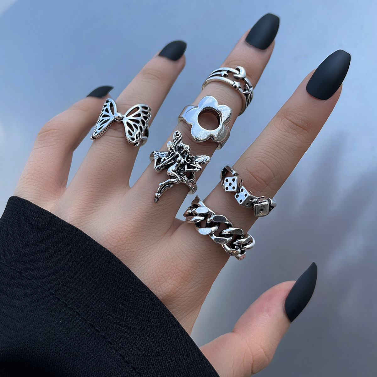 punk gothic style dice star moon flower angel butterfly ring 6-piece set