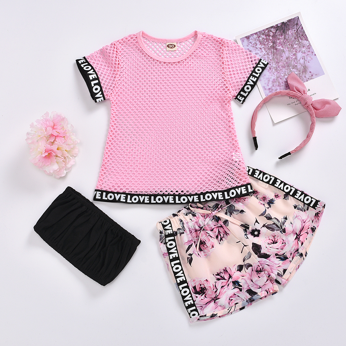 Sports suit childrens hollow solid color top tube top printed shorts hair accessoriespicture1